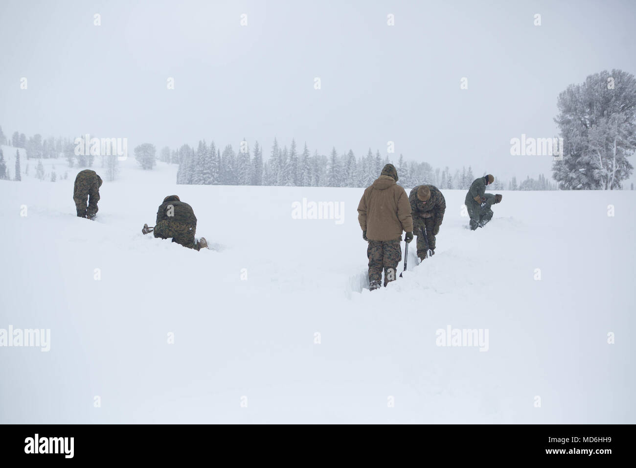 Les Marines américains avec l'Escadron d'hélicoptères d'attaque légère Marine (HMLA) 269 et de l'Escadron de soutien de l'aile Marine (MWSS) 274 Apprenez à envoyer un signal de détresse au cours de l'évasion de survie et de résistance à la formation d'échappement près de Mountain Home Air Force Base, Texas, le 15 mars 2018. HMLA-269 et MWSS-274 a effectué l'exercice de formation pour améliorer les capacités des escadrons dans les environnements par temps froid. (U.S. Marine Corps photo par Lance Cpl. Ethan Pumphret) Banque D'Images