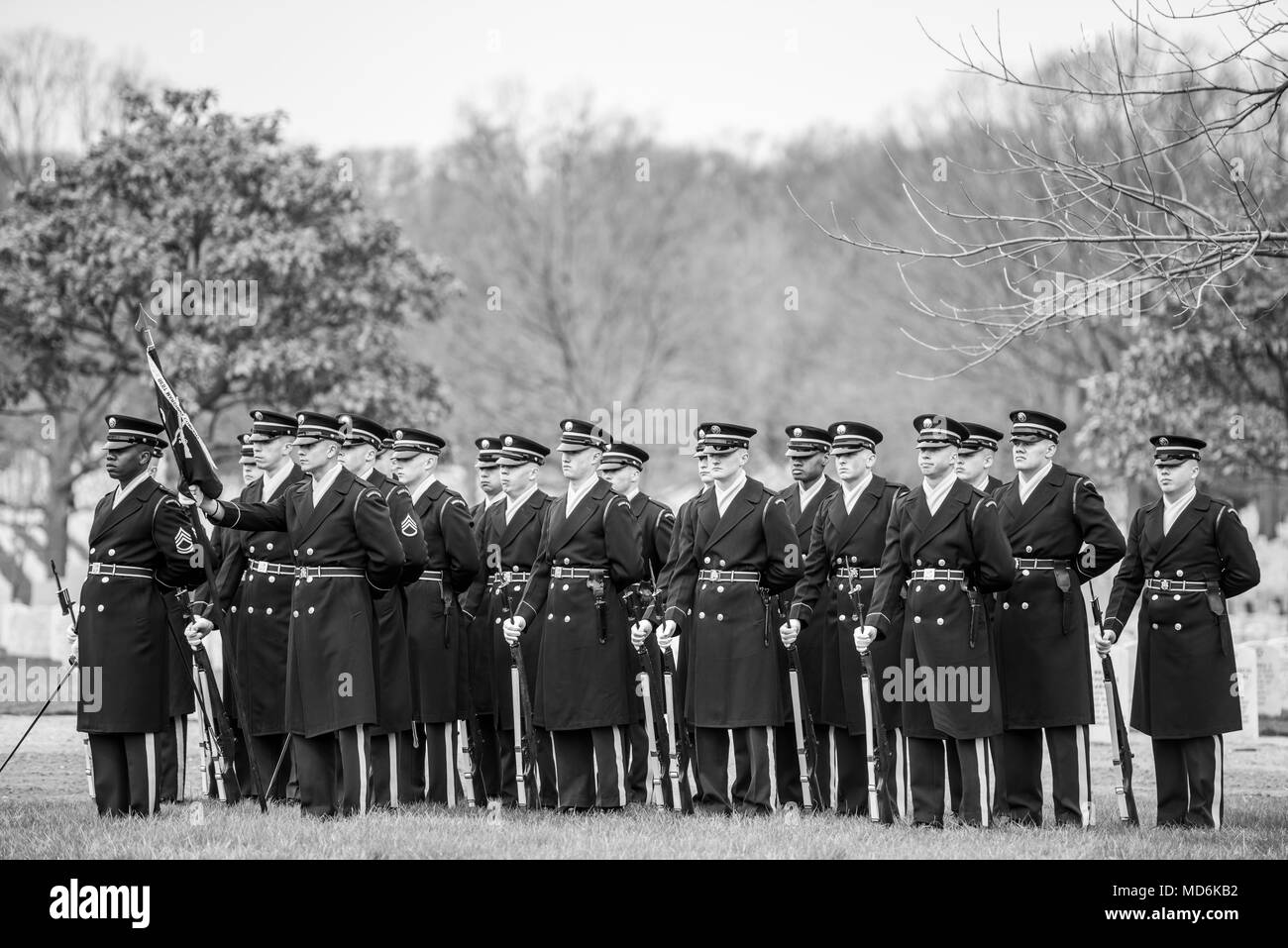 L'Armée américaine sur la garde d'honneur d'aider à l'honneur le rapatriement de l'armée américaine le Cpl. Dow F. Worden dans l'article 60 de cimetière National d'Arlington, Arlington, Virginie, le 27 mars 2018. Worden, 20, de Boardman, Oregon, a disparu à la fin de septembre 1951 au cours de la guerre de Corée. Membre de la Compagnie A, 1er Bataillon, 9e Régiment d'infanterie, 2e Division d'infanterie, l'entreprise était en Worden aux environs de Hill 1024 en Corée du Sud, de l'exécution des opérations à proximité d'une zone connue sous le nom de crête de chagrin, lorsque les Chinois ont lancé une attaque. L'entreprise a été repoussée, et soulagé par la République de Ko Banque D'Images