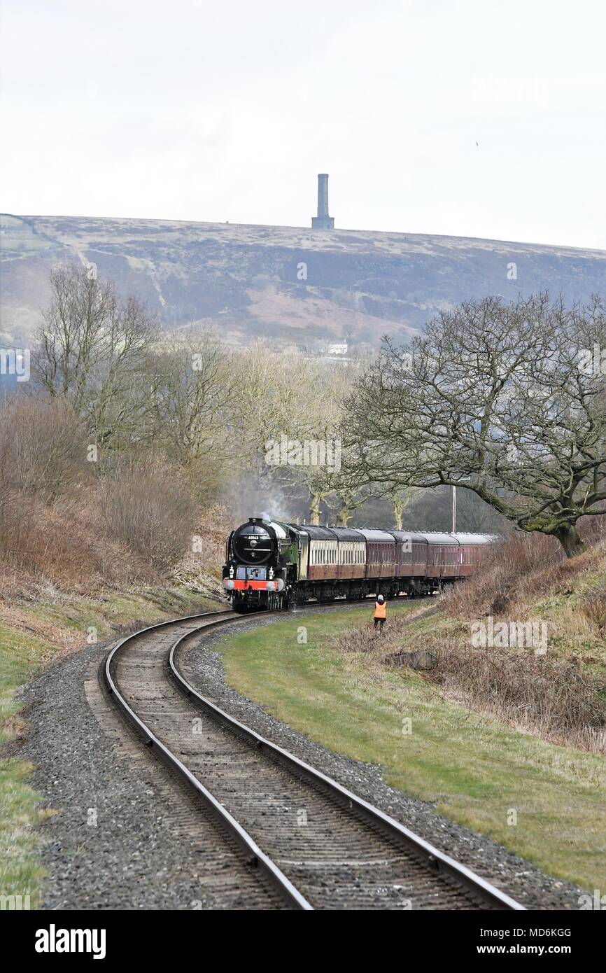 Bavures Country Park, Lancashire, Royaume-Uni. 29 mars 2018 Groupe d'approche de la Locomotive à vapeur Tornado bavures Country Park Banque D'Images