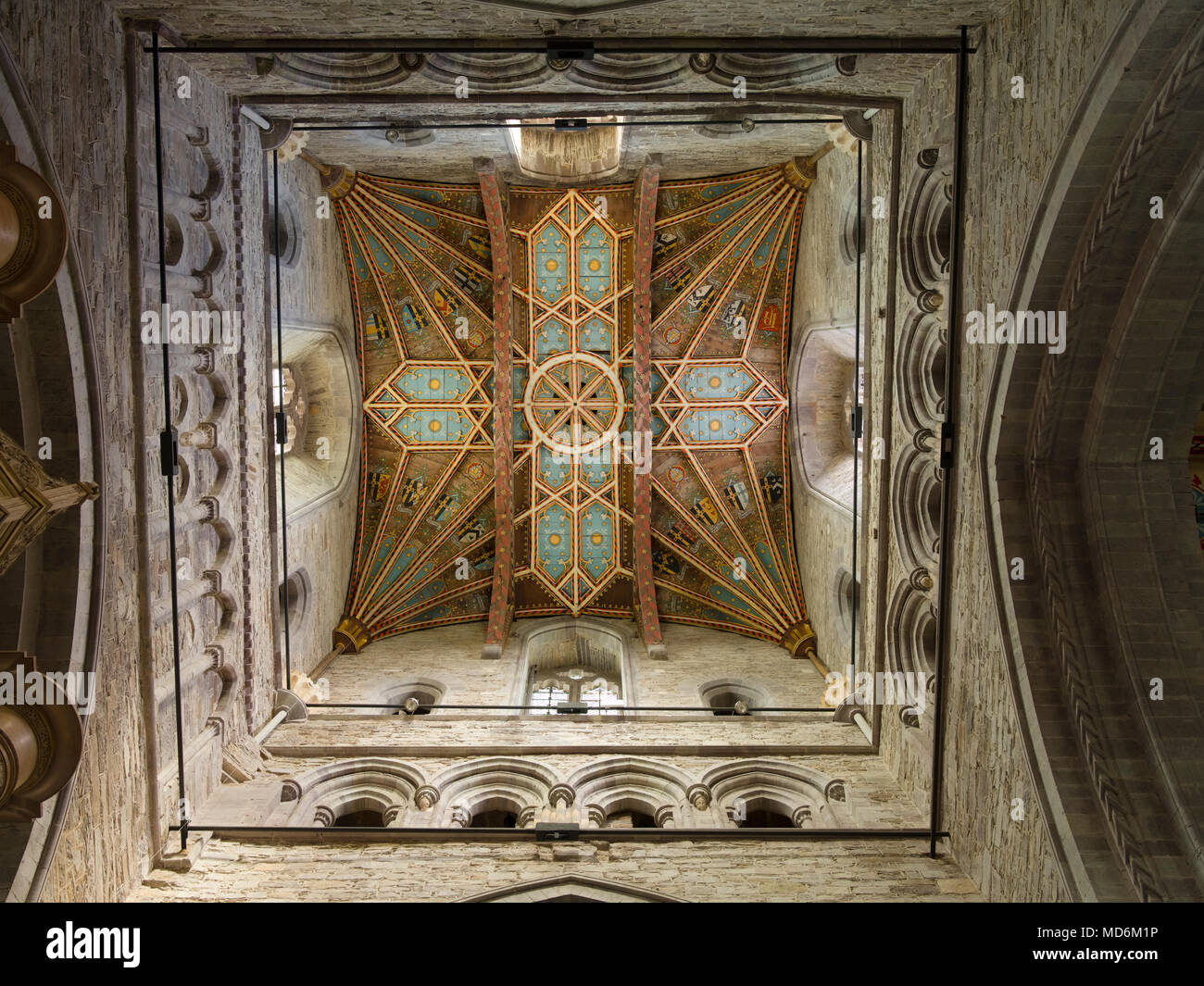 Plafond peint de la place de la tour centrale. La Cathédrale de St David's. Banque D'Images