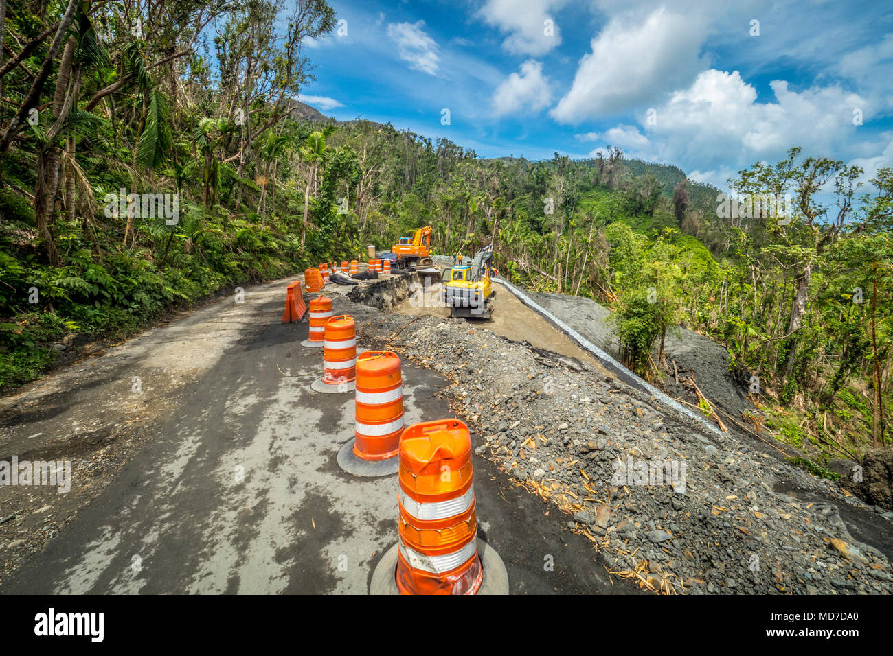 Six mois après l'Ouragan Maria, seule une petite partie de forêt nationale de El Yunque, Puerto Rico, est à la disposition du public. Ailleurs dans le parc, les entrepreneurs travaillent à obtenir le prêt pour les visiteurs tout au long de la forêt. De nombreux glissements de terrain dans la forêt décimée routes à divers degrés, la fermeture de l'accès à une grande partie de la plus populaire. Banque D'Images