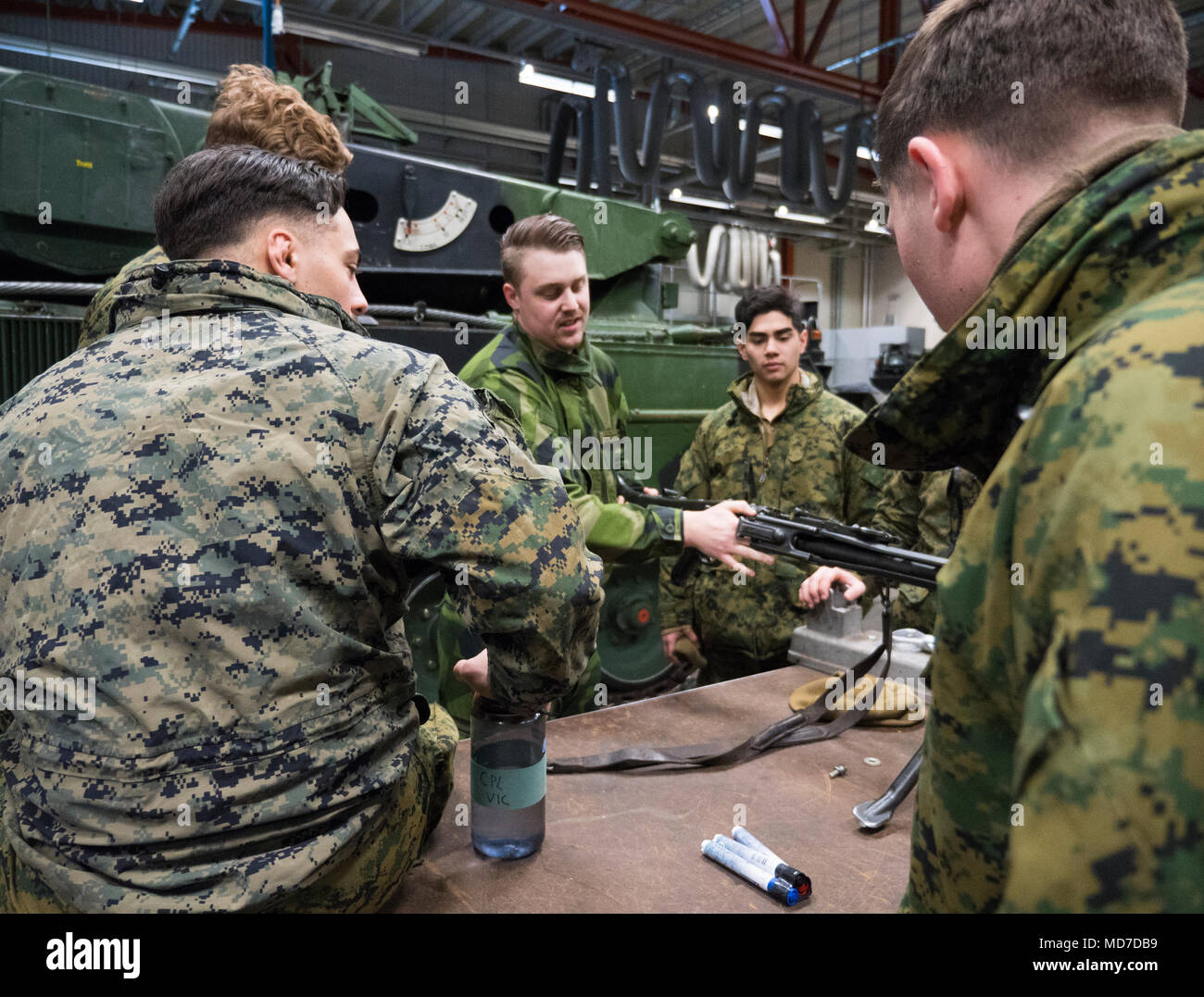 Soldat suédois se familiarise avec les Marines des États-Unis avec un Force-Europe Rotation Swedish MG-42 machine gun pendant l'exercice 18 Soleil d'hiver dans la région de Boden, Suède, le 8 mars 2018. Soleil d'hiver 18 est un exercice multinational qui intègre des éléments démontés avec une infanterie mécanisée et améliore la coopération stratégique entre les Marines des États-Unis et les forces suédoises dans un environnement par temps froid. (U.S. Marine Corps photo par le Cpl. Raul Torres/libérés) Banque D'Images