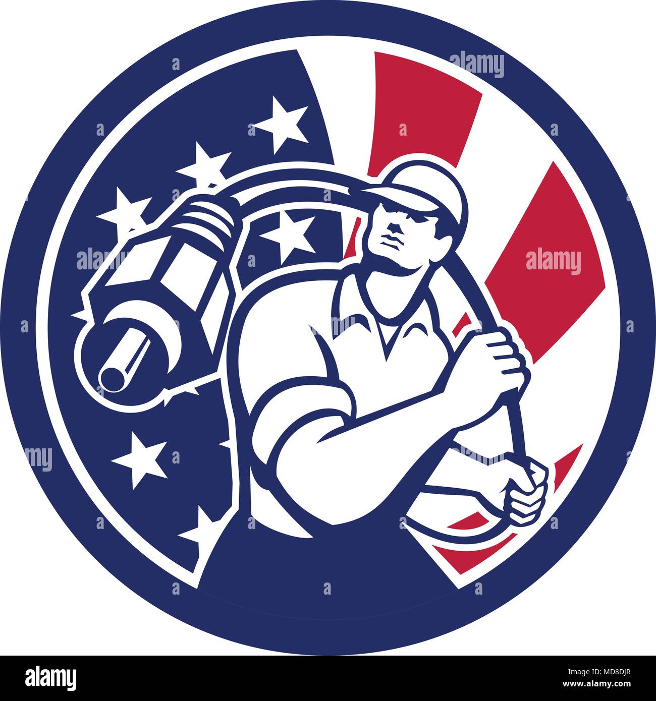 Illustration de l'icône de style retro American installateur guy holding plug cable RCA avec United States of America USA Star Spangled Banner ou d'étoiles un Illustration de Vecteur