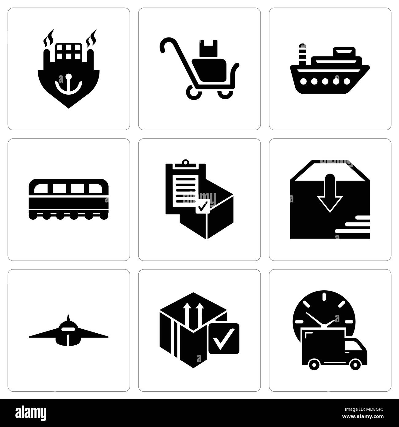 Ensemble de 9 icônes modifiable simple comme la logistique des camions de livraison et de l'horloge, Delive fort la vérification, l'Airplane vue frontale, la livraison de colis livraison commerciale, Train avant, navire de mer, la livraison des paquets sur un chariot de transport, de l'Océan Illustration de Vecteur Ensemble de 9 icônes modifiable simple comme la logistique des camions de livraison et de l'horloge, Delive fort la vérification, l'Airplane vue frontale, la livraison de colis livraison commerciale, Train avant, navire de mer, la livraison des paquets sur un chariot de transport, de l'Océan Illustration de Vecteur