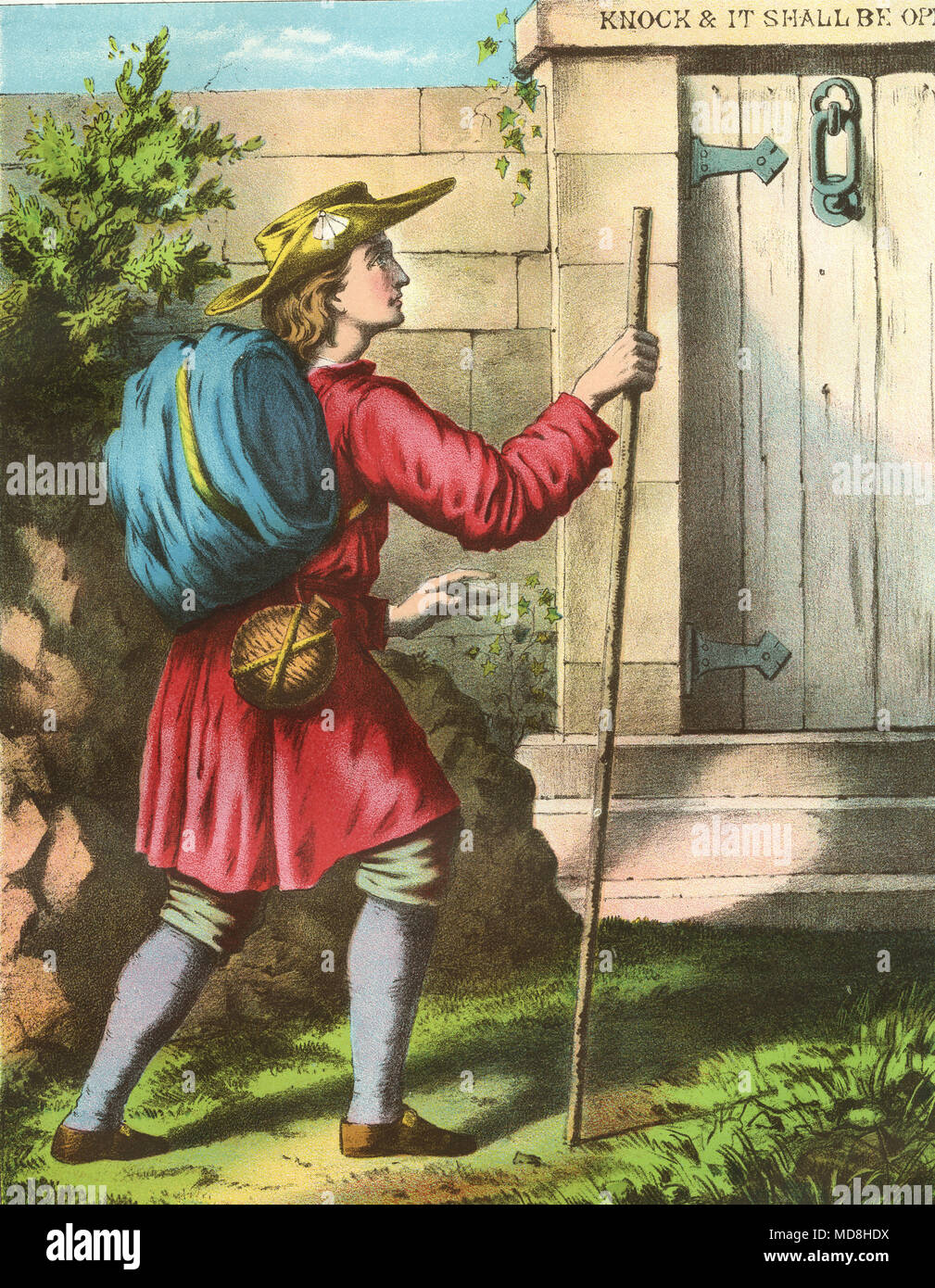Lithographie en couleur de maladroit en arrivant à la porte du guichet avec son fardeau du péché. À partir d'une image d'origine dans la Sélectionnez Works of John Bunyan, vers 1840 Banque D'Images