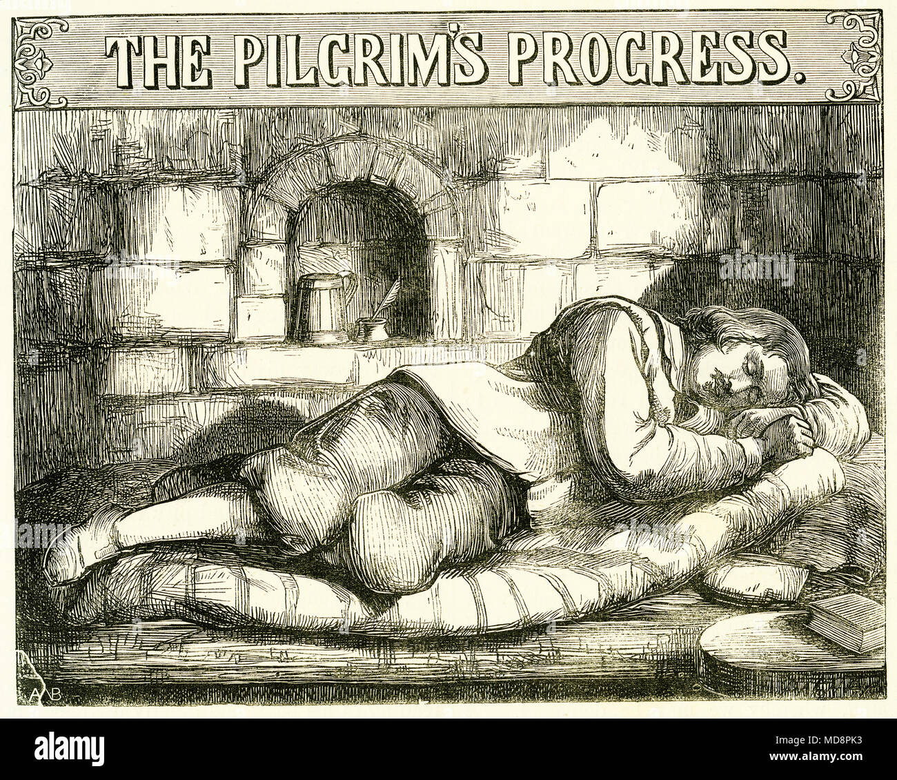 Gravure de la page de titre de The Pilgrim's Progress de John Bunyan, un classique de la littérature anglaise. À partir d'une gravure originale à l'Sélectionnez Works of John Bunyan, vers 1840. Banque D'Images