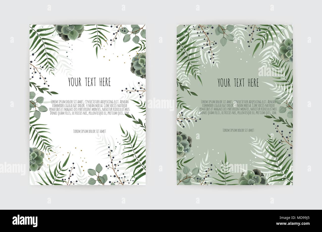 Jeu de carte avec feuille verte , des branches d'eucalyptus, de décoration floral frame pattern. Poster Floral. Illustration de Vecteur