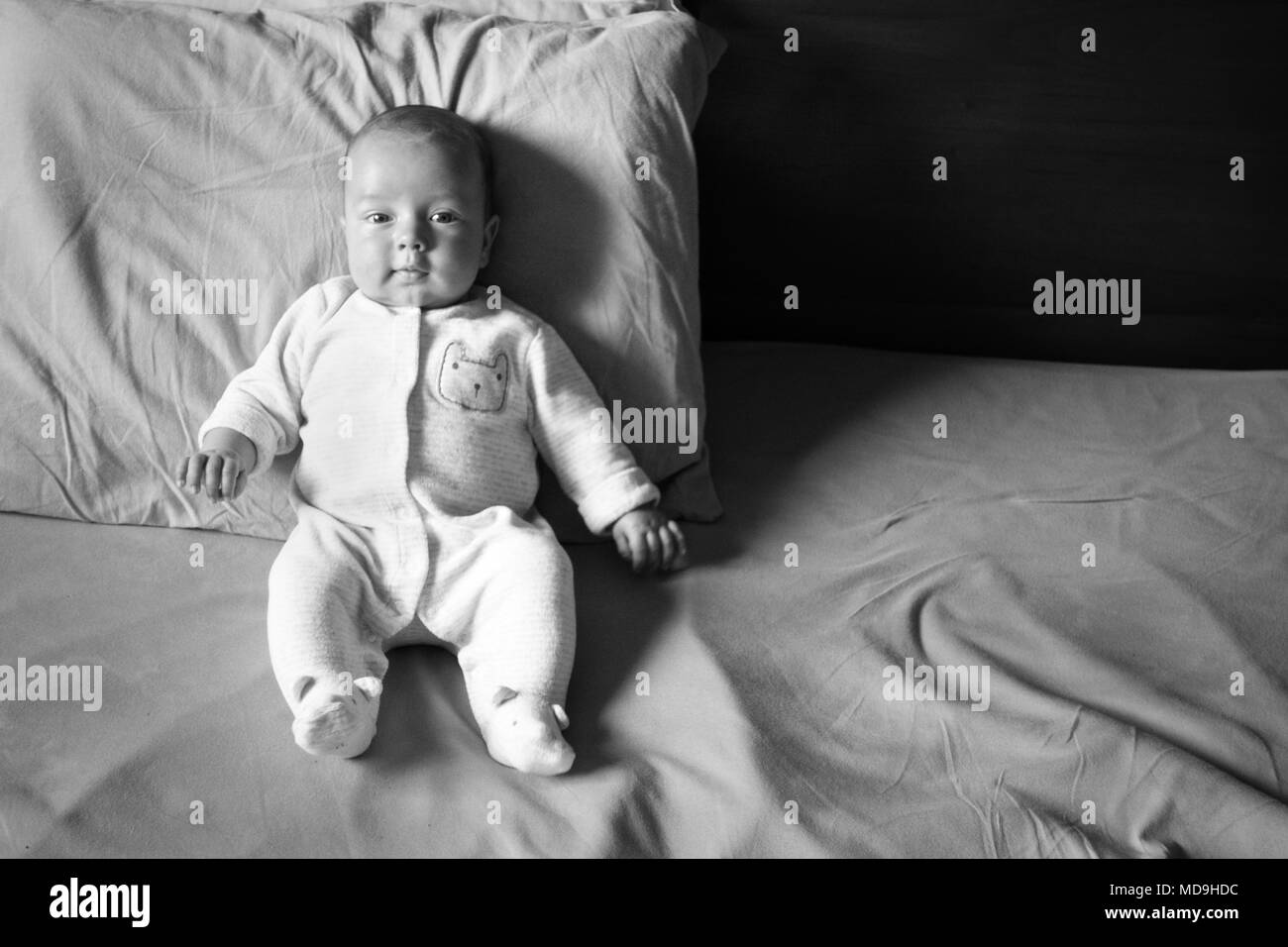 Portrait of a cute little baby lying on bed, Banque D'Images