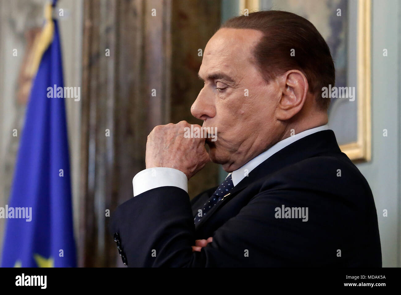 Silvio Berlusconi Roma 19/04/2018. Palazzo Giustiniani. Consultazioni con la Presidente del Senato, incaricata dal Presidente della Repubblica di cercare un accord tra i partiti per la costituzione del nuovo governo. 19 avril 2018 à Rome. Giustiniani Palace. Consultation avec le président du Sénat, nommé par le président de la République pour trouver un accord entre les parties d'établir un nouveau gouvernement. Foto Samantha Zucchi Insidefoto insidefoto Crédit : srl/Alamy Live News Banque D'Images