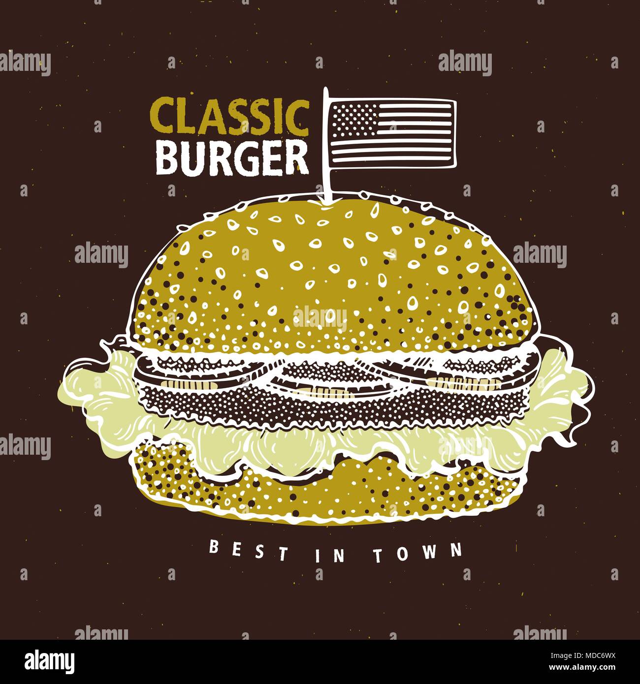 Hamburger restauration rapide rétro poster. Illustration de l'alimentation à la main avec classic american burger. Peut être utiliser pour restauration rapide, snack et vente à emporter menu et bannière. Illustration de Vecteur