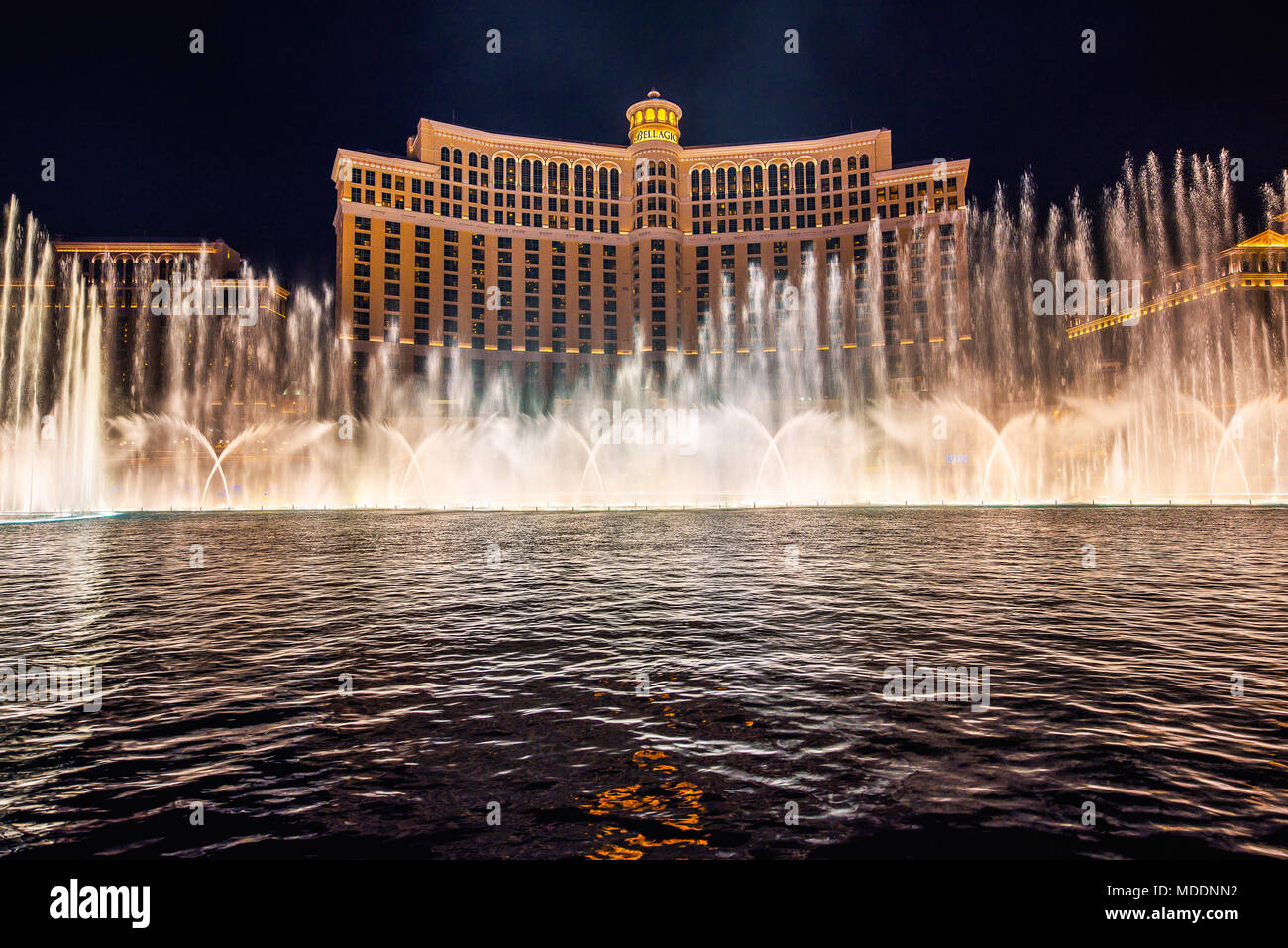 Les fontaines du Bellagio à Las Vegas de nuit Banque D'Images