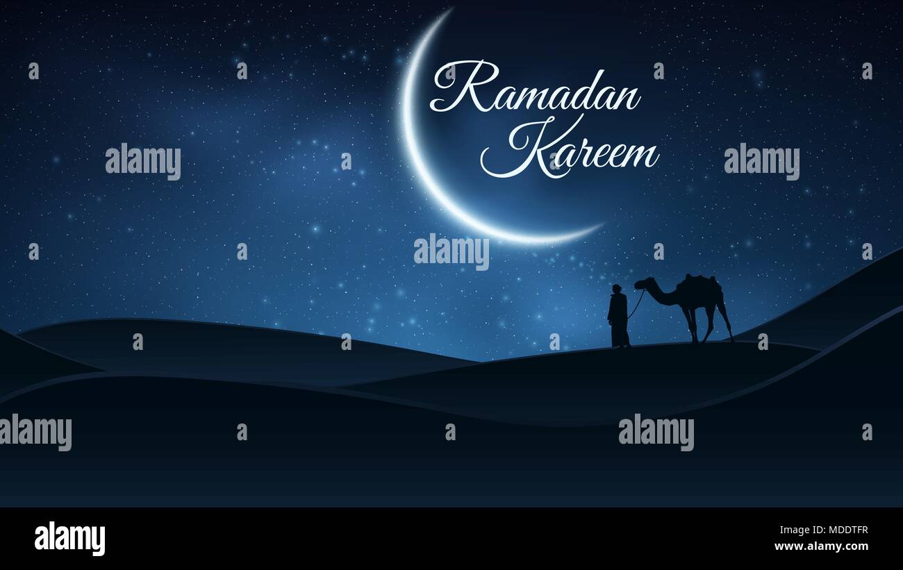 Arrière-plan de Ramadan Kareem. Paysage de nuit. La religion musulmane mois sacré. Peuplements arabe avec un chameau dans le désert. Le ciel étoilé. Lune brillante. Vecto Illustration de Vecteur