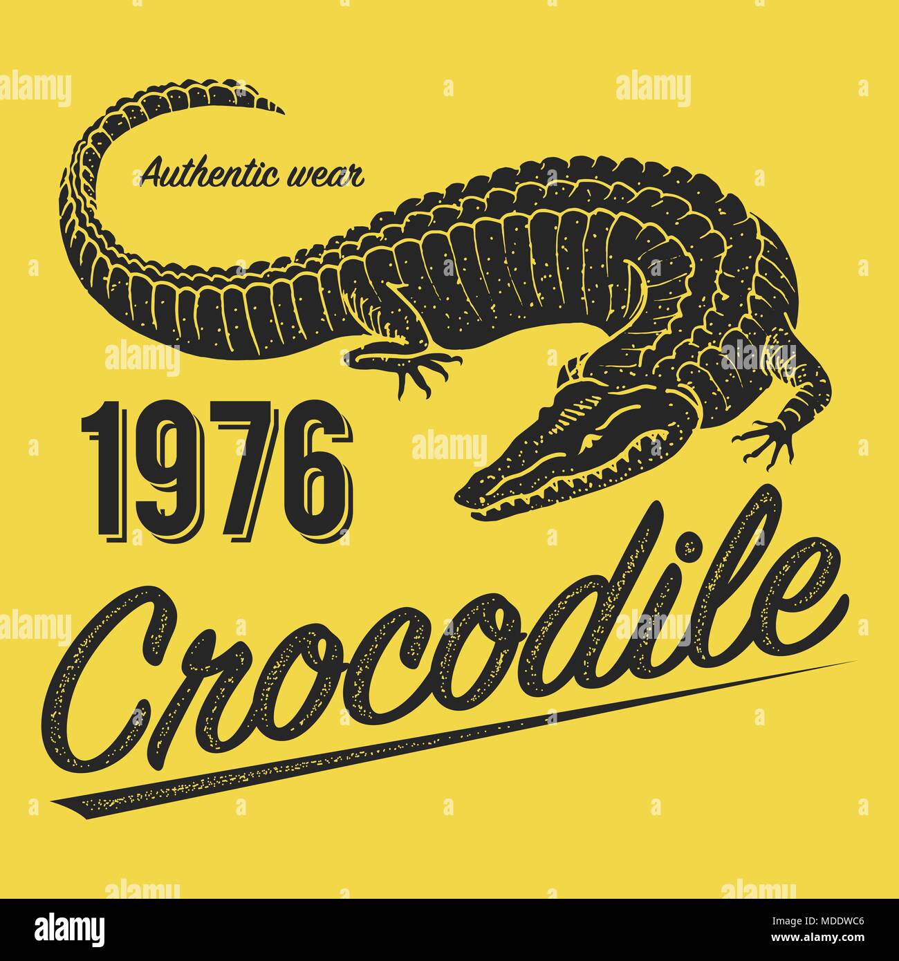 L'affiche de crocodile, d'impression pour T-shirt. Emblème alligator ou d'un  insigne sur fond jaune. Les reptiles ou les amphibiens. Des animaux  tropicaux. Dessinés à la main, gravée dans old vintage croquis. Vector