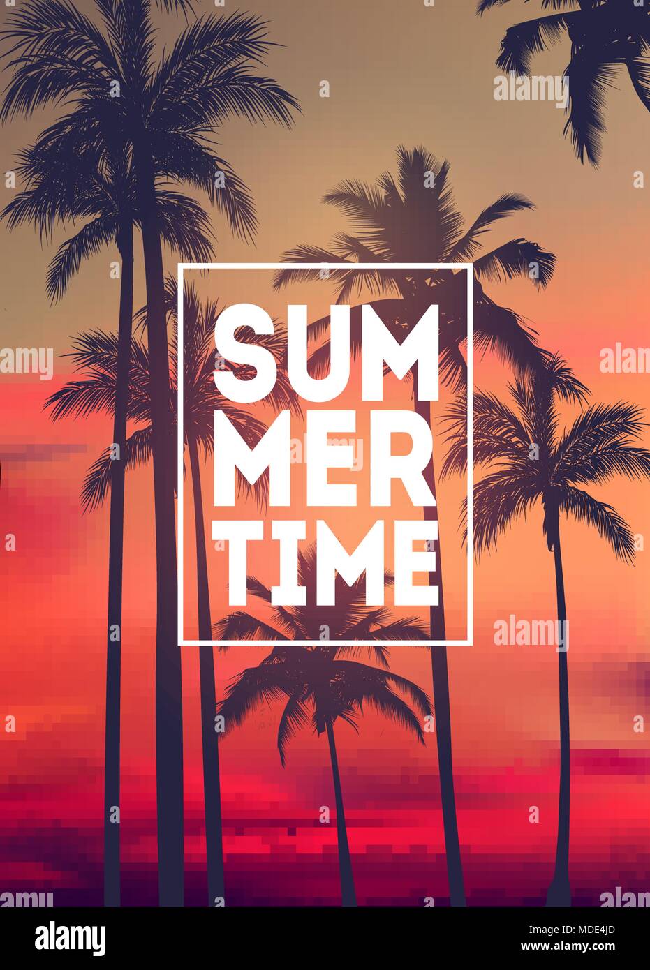 Arrière-plan de palmiers tropicaux d'été, le ciel et le coucher du soleil. Plaque d'été affiche flyer carte d'invitation. L'été. Illustration de Vecteur