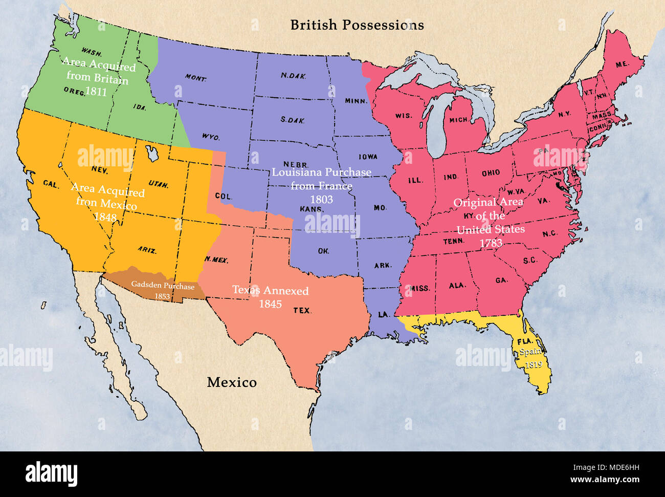 Plan de l'acquisition de territoires par les États-Unis. Illustration numérique Banque D'Images