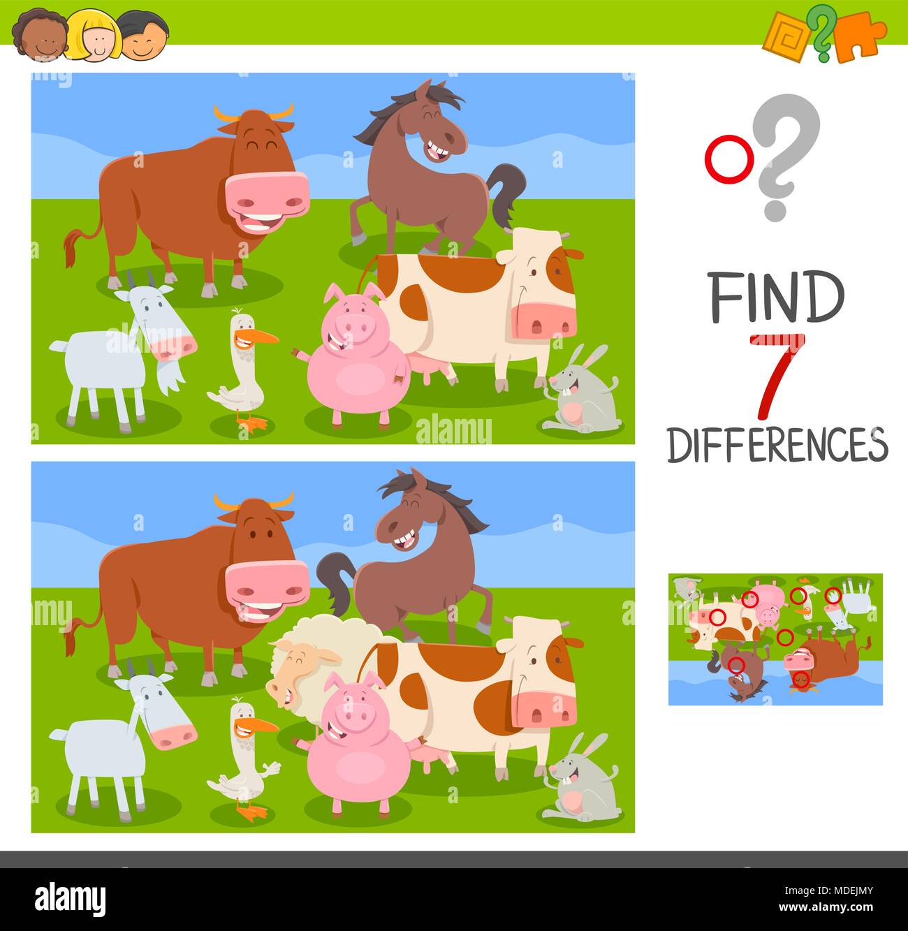 Cartoon Illustration de trouver sept différences entre images Activité éducative Game pour enfants avec des animaux de ferme Illustration de Vecteur