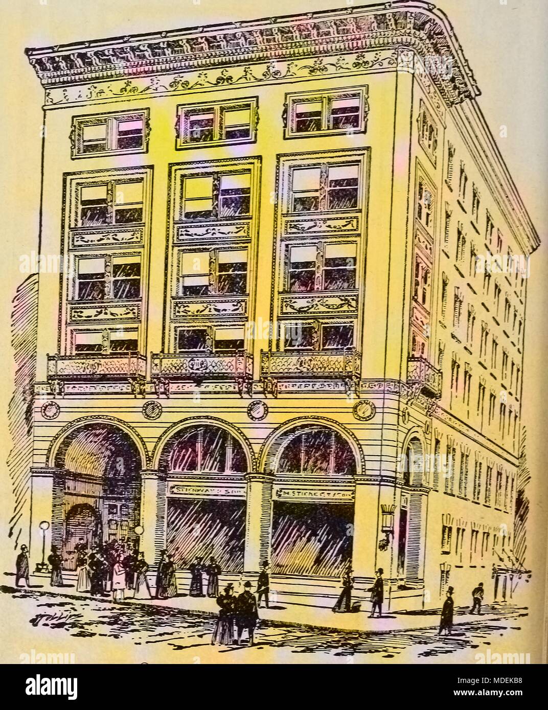 Dessin, plume et encre de Steinert Hall, Boylston Street, Boston, Massachusetts, 1878. Avec la permission de Internet Archive. Remarque : l'image a été colorisée numériquement à l'aide d'un processus moderne. Les couleurs peuvent ne pas être exacts à l'autre. () Banque D'Images