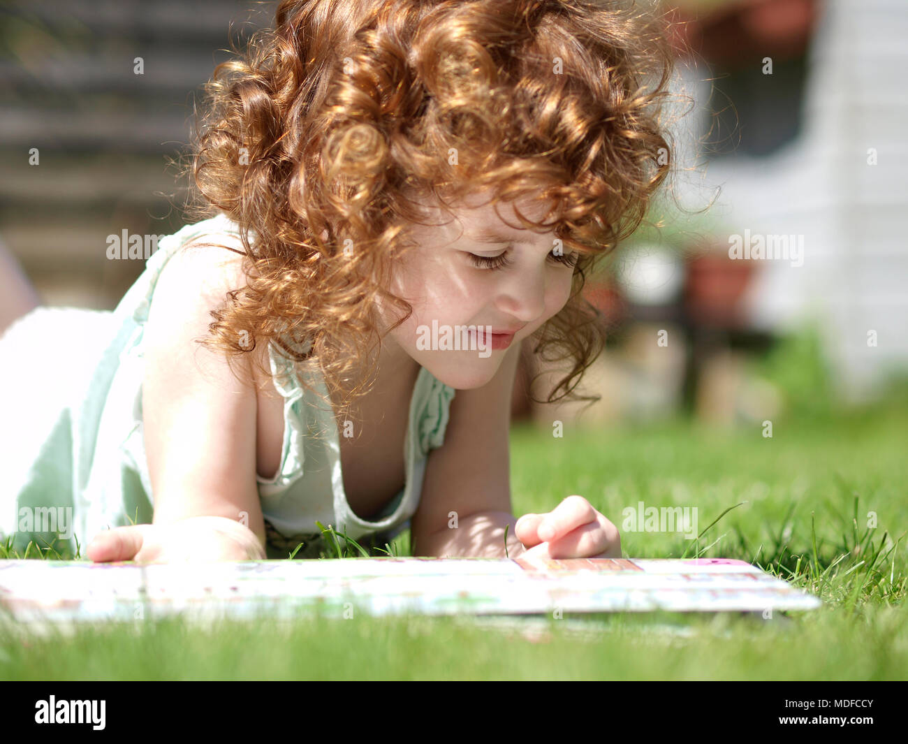 Paysage Portrait d'une fille de trois ans avec des cheveux auburn bouclés pose dans l'herbe, un jour ensoleillé, tout en lisant un livre Banque D'Images