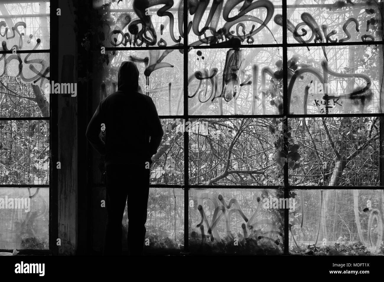 L'homme contre la paroi de verre des fenêtres cassées dans immeuble abandonné. Noir et blanc. Banque D'Images