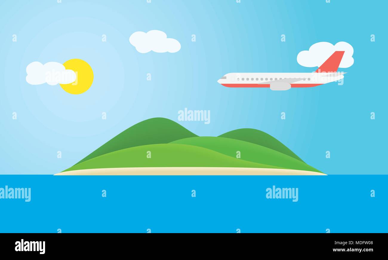 Île tropicale, Green Hills, dans la mer sous un ciel bleu avec des nuages, du soleil et de l'avion en vol - vector Illustration de Vecteur