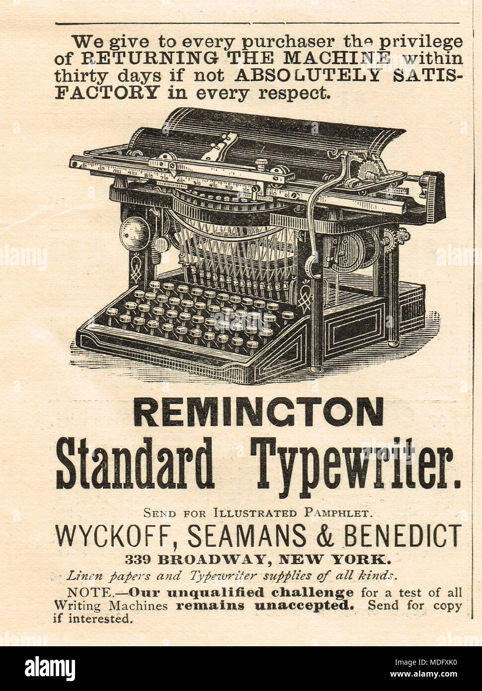 Début de l'annonce, Remington machine à écrire standard, 1888 Banque D'Images