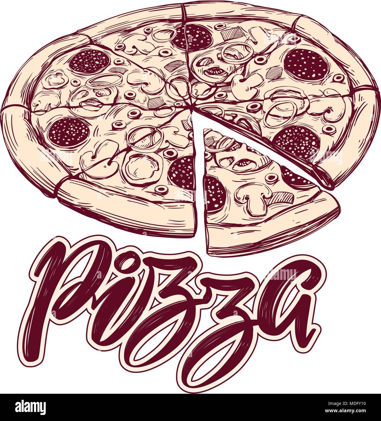 Pizza Pizza italienne , modèle de conception de logo, dessiné à la main, croquis réalistes d'illustration vectorielle Illustration de Vecteur