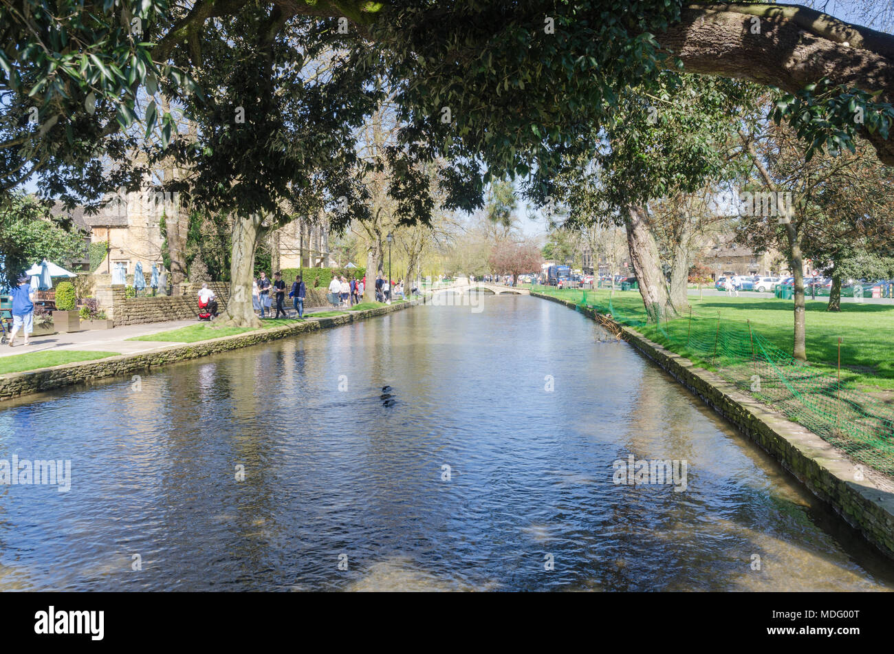 Les touristes sur la rive de la rivière Windrush dans le populaire village de Cotswold Bourton-on-the-water, Gloucestershire dans soleil du printemps Banque D'Images