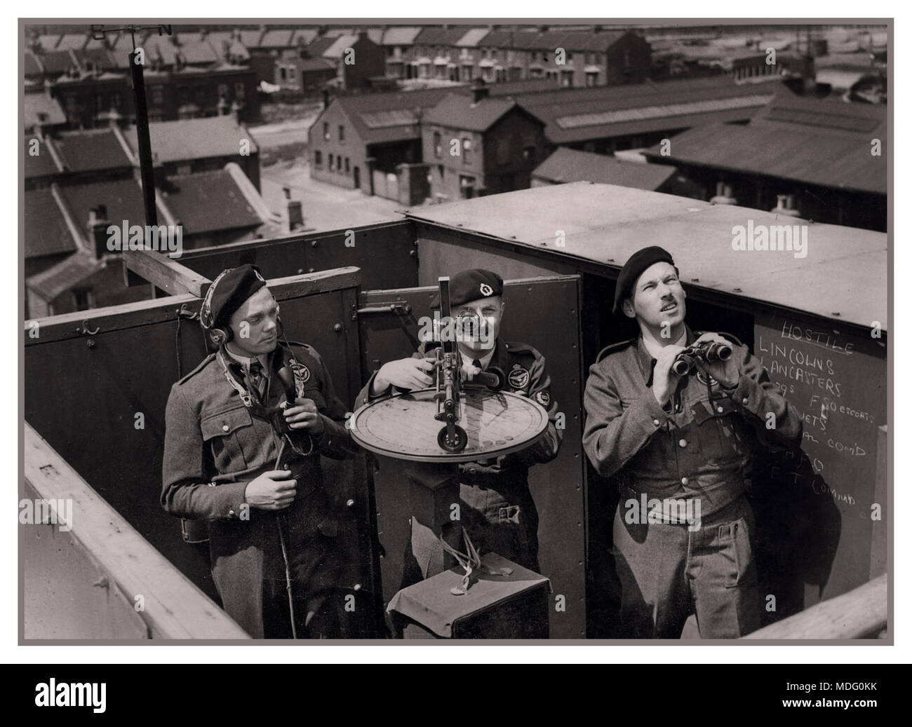 Historique Vintage WW2 image en noir et blanc de Corps d'observateur pendant la bataille d'Angleterre, en avril 1941, le Corps d'observateur a été accordé le titre 'Royal' par le roi George VI, et le corps des observateurs Royal (ROC) est devenue une organisation de la défense civile en uniforme administrée par le Fighter Command de la RAF. Une première ligne de défense pour repérer et signaler les aéronefs ennemis nazi allemand alors qu'ils approchaient les Îles britanniques Banque D'Images