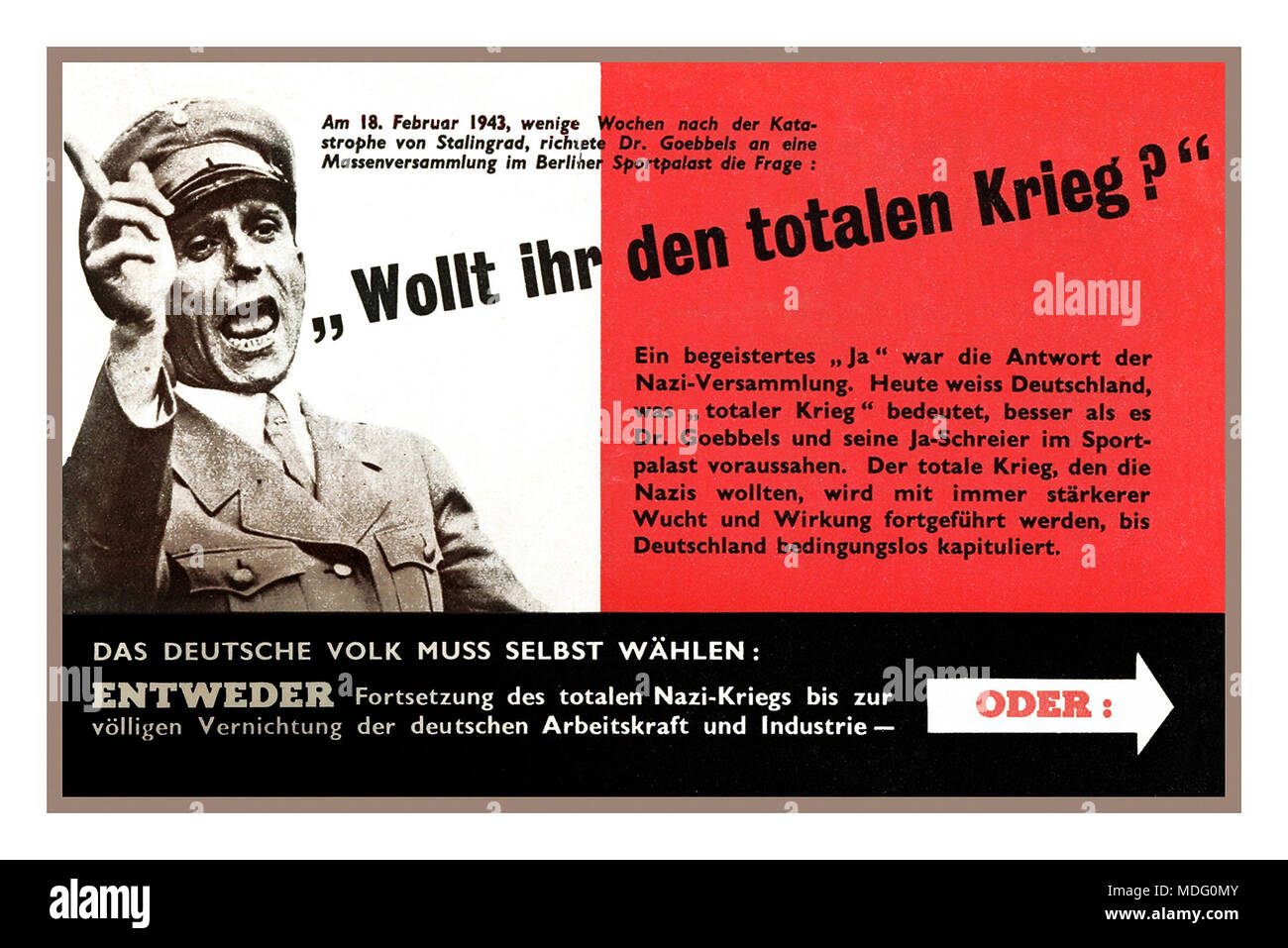 WW2 propagande américaine Notice largage au-dessus de l'Allemagne 'LE PEUPLE ALLEMAND DOIT CHOISIR D'EUX-MÊMES"... "Soit la poursuite de la guerre nazie total jusqu'à la destruction finale de l'Allemand man-power et de l'industrie' Avec Joseph Goebbels un homme politique nazi allemand Reich et ministre de la propagande de l'Allemagne nazie de 1933 à 1945 USA 8th Air Force guerre psychologique notice 1940 Banque D'Images