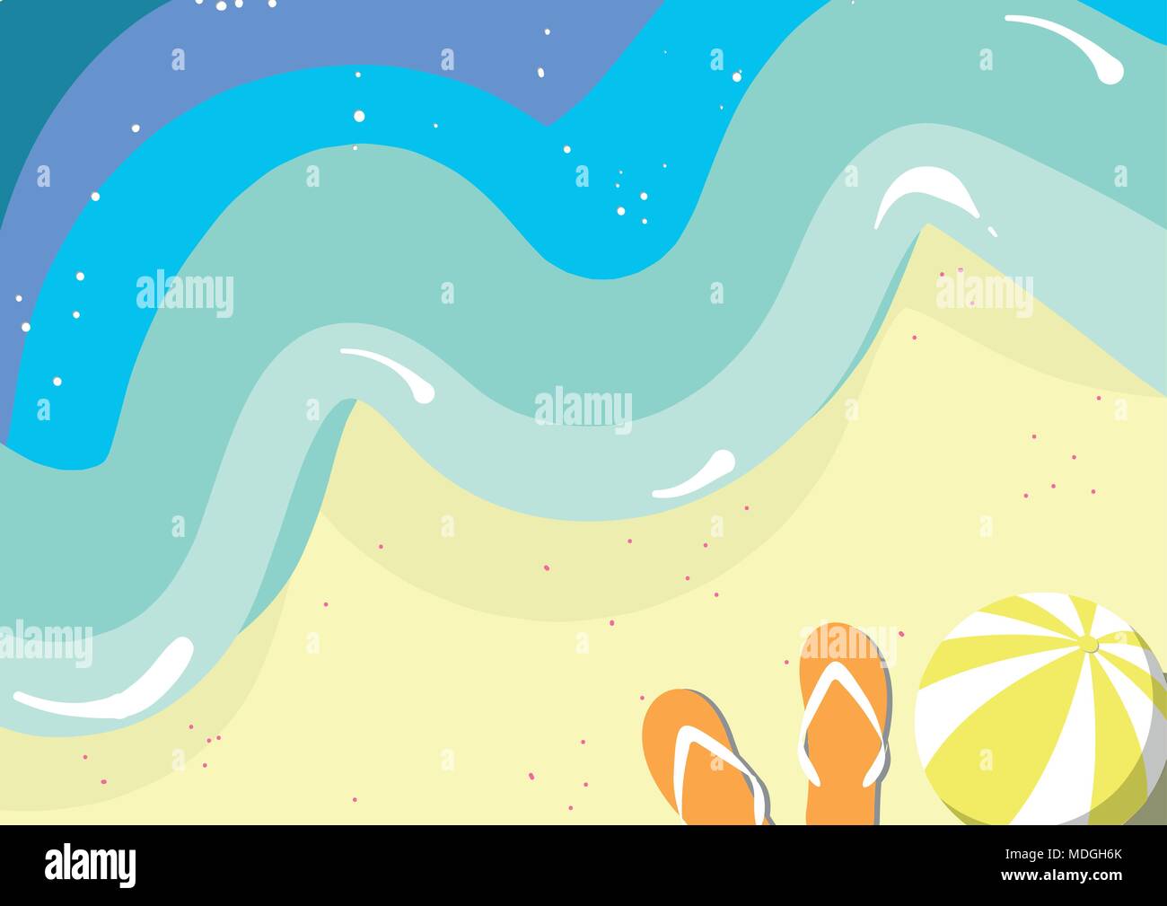 Vue de dessus de la mer avec plage de surf, ball et flip flop en couleur coloré. Vector illustration conception d'arrière-plan pour l'été. Illustration de Vecteur