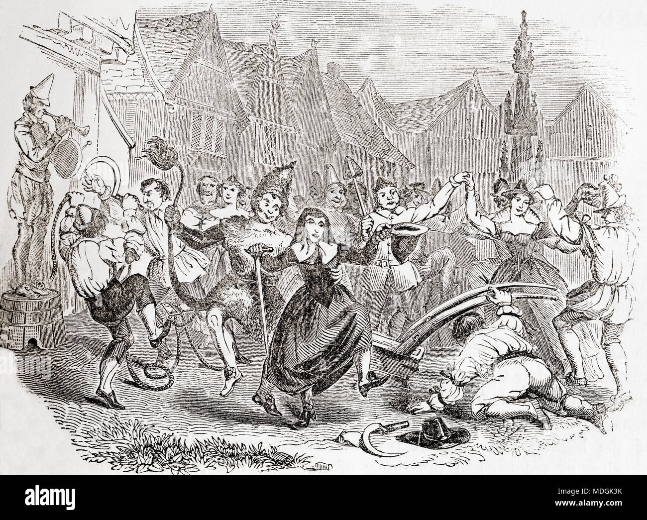 Célébrations Le Lundi des labours, la danse de Bessie et le Clown. Le Lundi des labours a célébré le début de la saison de labour après Noël. Plowboys prit une charrue décorée autour du village, à la mendicité pour l'argent, de nourriture ou de boissons. À partir de la vieille Angleterre : A Pictorial Museum, publié 1847. Banque D'Images