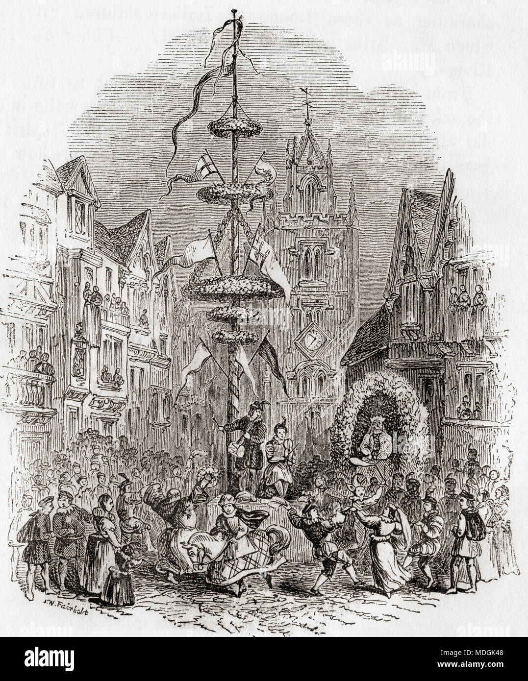 Maypole danser devant l'église St Andrew Undershaft, Londres, Angleterre au xixe siècle. À partir de la vieille Angleterre : A Pictorial Museum, publié 1847. Banque D'Images