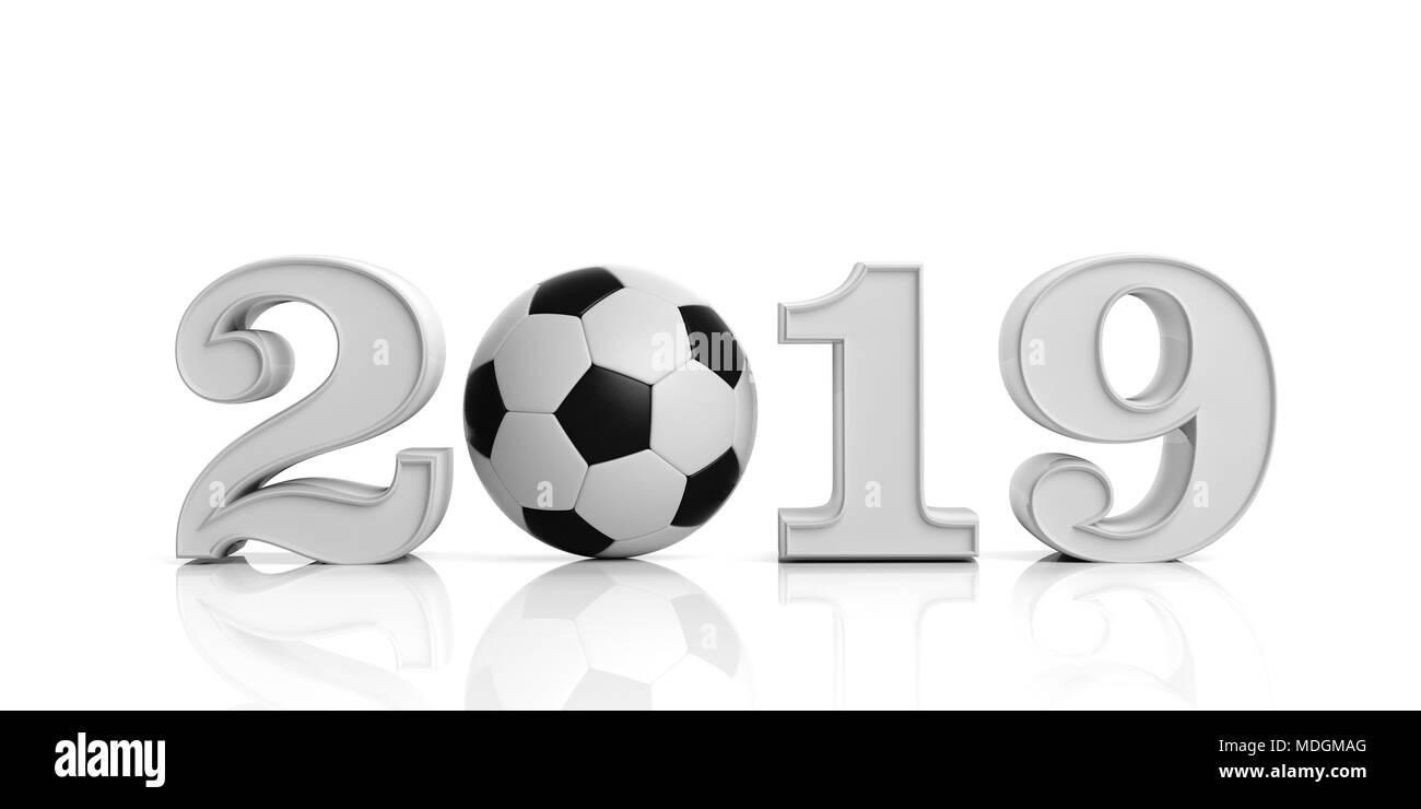 Le soccer, le football et 2019. Nouvelle année 2019 avec ballon de soccer isolé sur fond blanc. 3d illustration Banque D'Images