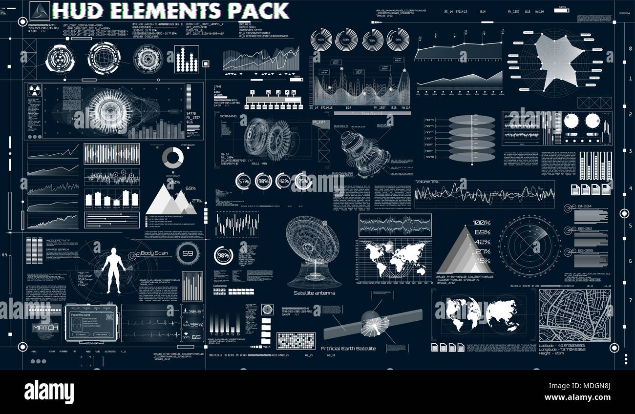 Définir les éléments de l'INTERFACE UTILISATEUR DE HUD abstrait UX design. L'information statistique et des données, infographie. L'interface utilisateur pour la Science-fiction futuriste app (affaires, medicin Banque D'Images