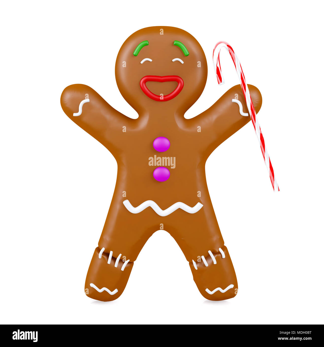 Joyeux Noël gingerbread man holding canne isolé sur fond blanc, 3D Rendering Banque D'Images