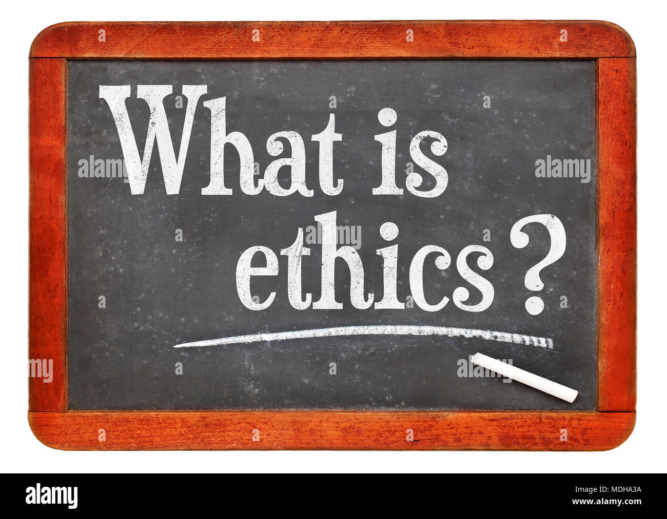 Quelle est l'éthique ? Craie blanche du texte sur un tableau noir ardoise vintage Banque D'Images