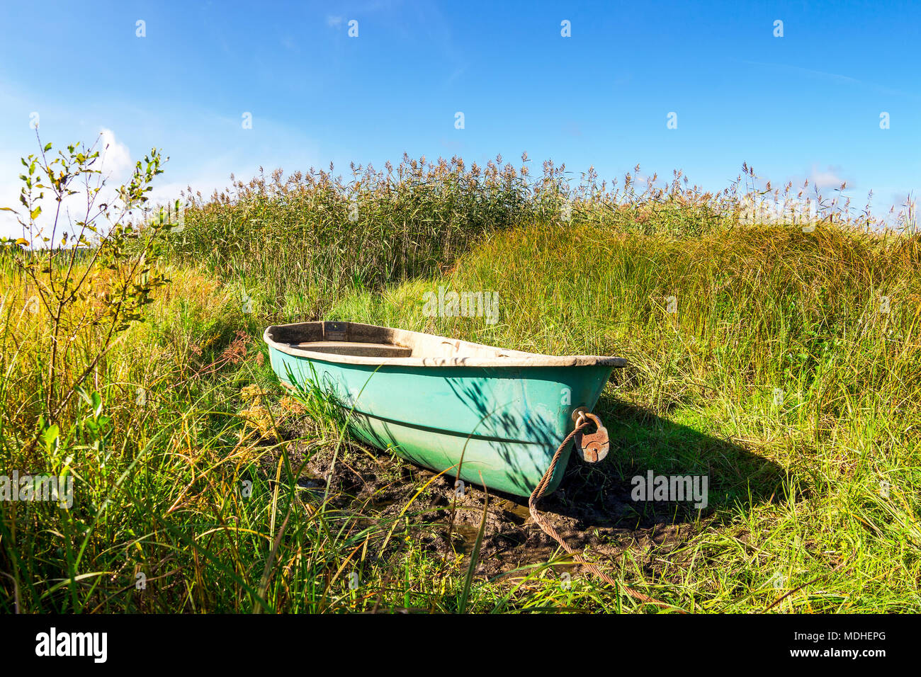 La pêche en bateau en plastique vert amarré à la rive du lac en été 24 Banque D'Images