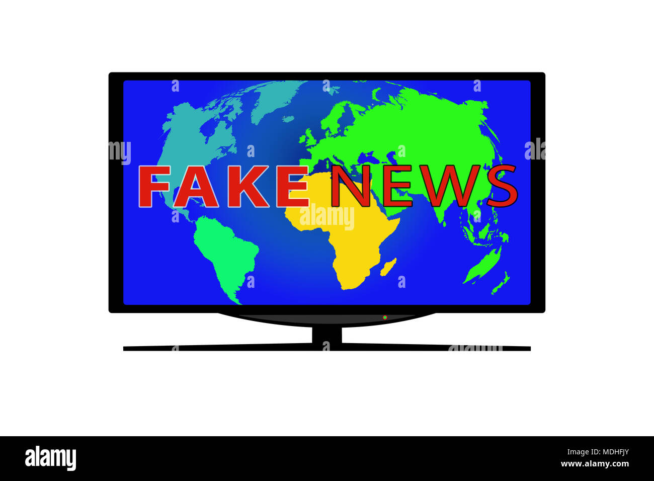 Plat sur fond blanc. Sur l'écran de télévision la carte du monde et les mots FAUX NEWS Banque D'Images