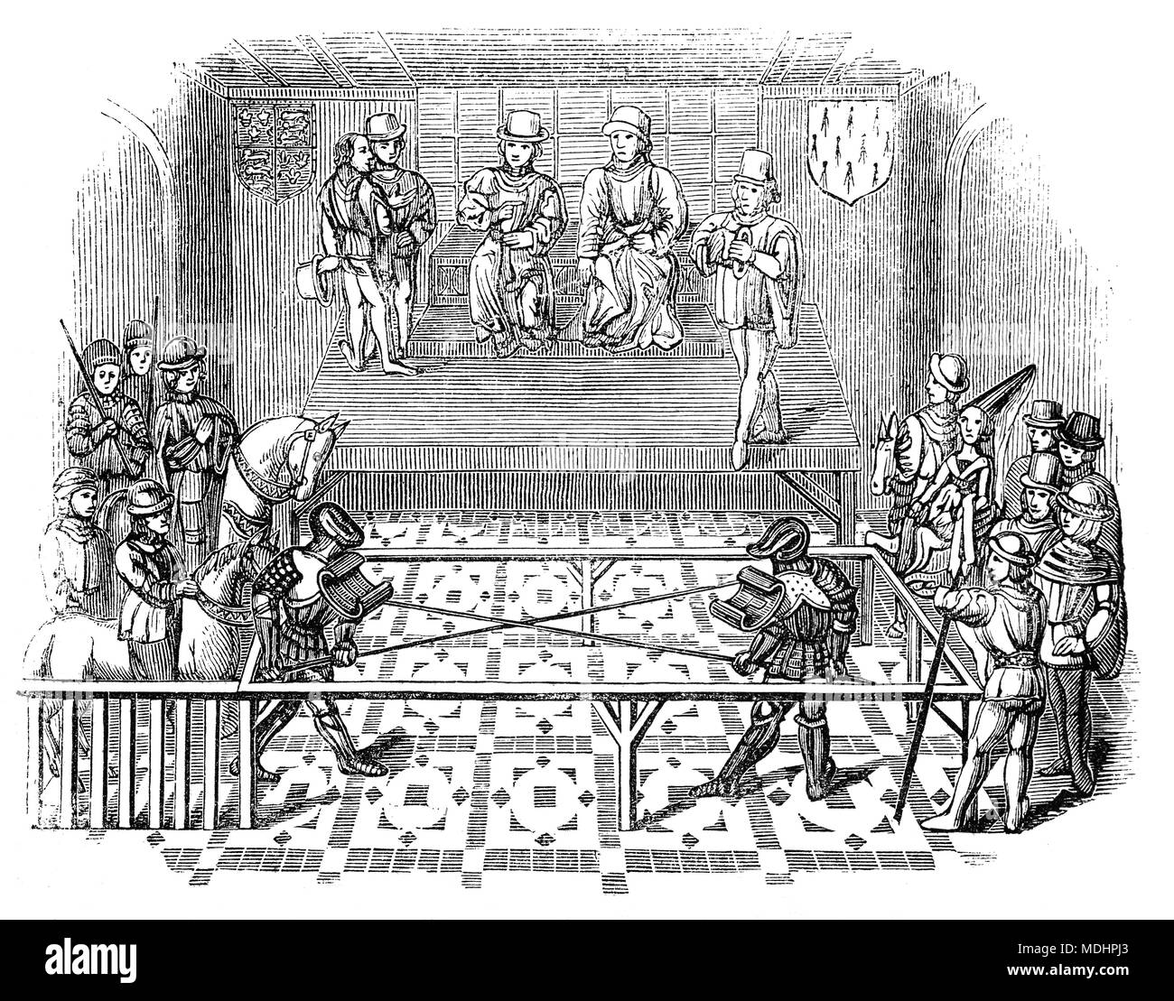 Bertrand du Guesclin (1320 - 1380) qui participent à les laisser à un tournoi. Il a été 'aka l'Aigle de la Bretagne" ou "le chien noir de Brocéliande", était un chevalier Breton et commandant militaire français pendant la Guerre de Cent Ans. Il fut connétable de France de 1370 à sa mort. Banque D'Images
