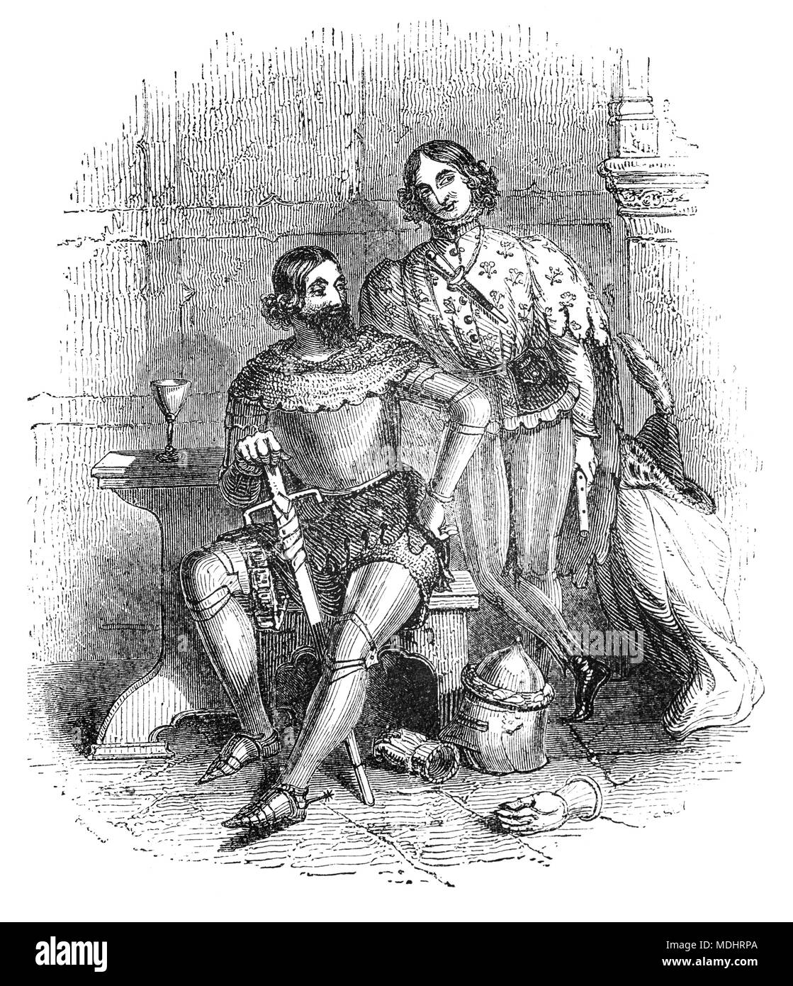 Deux des personnages de contes de Canterbury, une collection de 24 histoires écrites par Geoffrey Chaucer entre 1387 et 1400 quand il est devenu contrôleur des douanes et de la Justice de Paix. Les contes (surtout en vers, bien que certains soient en prose) sont présentés dans le cadre d'un concours de contes par un groupe de pèlerins qu'ils voyagent ensemble dans un voyage de Londres à Canterbury pour visiter le sanctuaire de Saint Thomas Becket dans la Cathédrale de Canterbury. L'illustration montre le chevalier, la personne de plus haut rang social parmi les pèlerins, et son fils, l'Écuyer. Banque D'Images