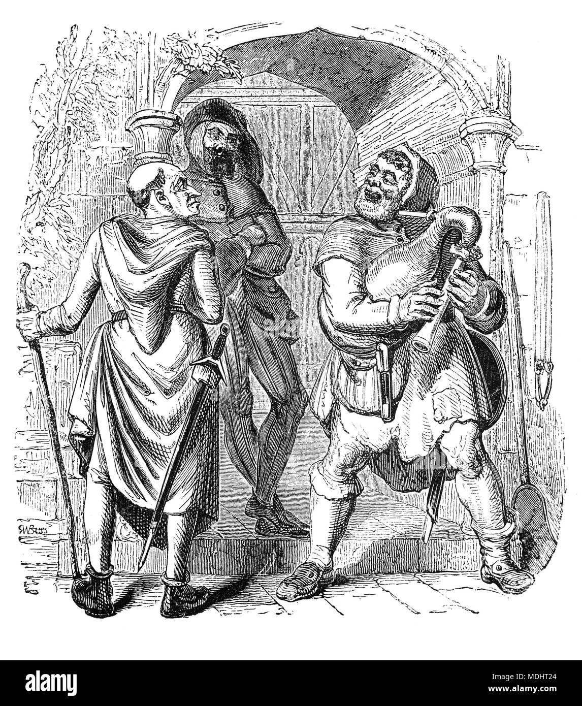 Deux des personnages de contes de Canterbury, une collection de 24 histoires écrites par Geoffrey Chaucer entre 1387 et 1400 quand il est devenu contrôleur des douanes et de la Justice de Paix. Les contes (surtout en vers, bien que certains soient en prose) sont présentés dans le cadre d'un concours de contes par un groupe de pèlerins qu'ils voyagent ensemble dans un voyage de Londres à Canterbury pour visiter le sanctuaire de Saint Thomas Becket dans la Cathédrale de Canterbury. L'illustration montre le Meunier, Manciple et Reve. Banque D'Images