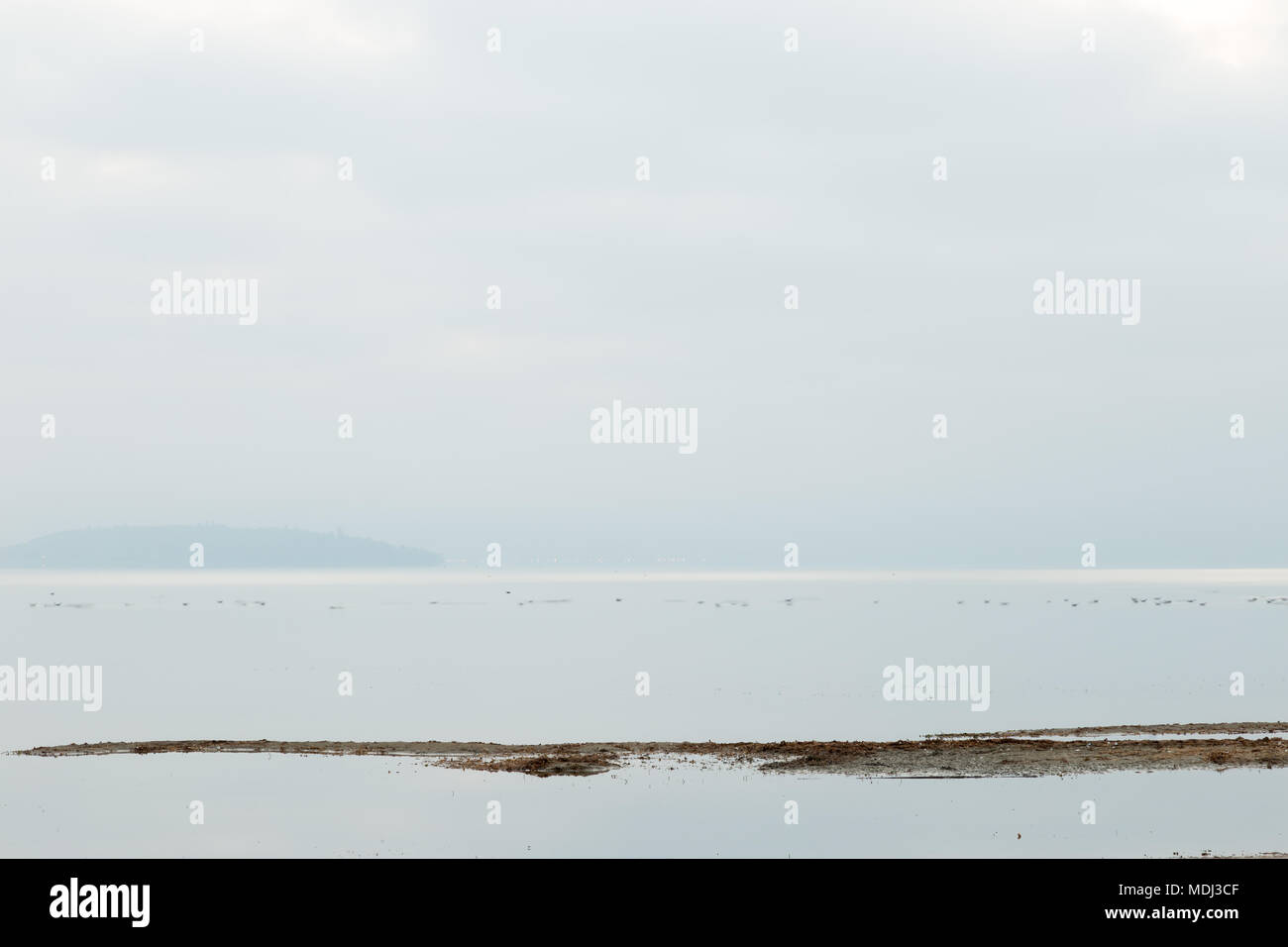 Vue du lac Trasimène minimaliste à l'aube de la rive avec des teintes douces Banque D'Images