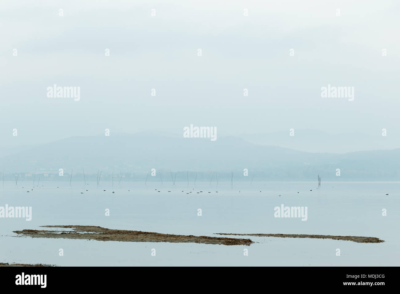 Vue du lac Trasimène minimaliste à l'aube de la rive avec des teintes douces Banque D'Images
