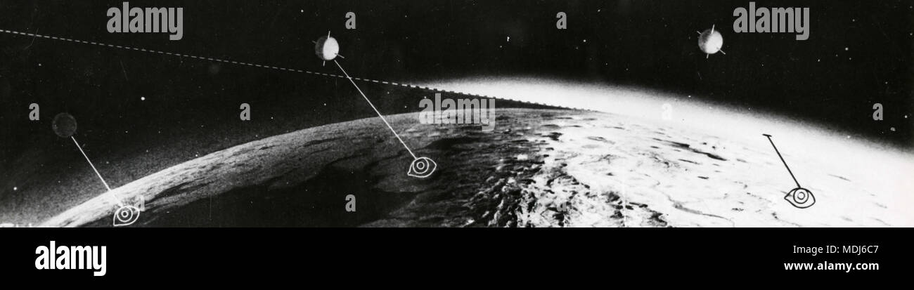 Le rendu graphique des satellites artificiels en orbite autour de la terre, 1950 Banque D'Images