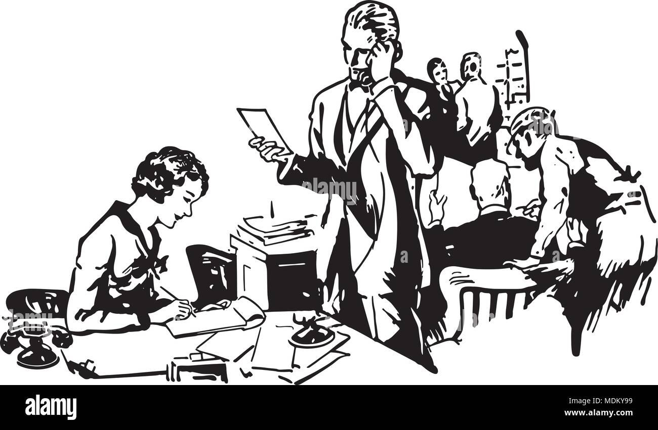 Scène d'un bureau occupé - Retro Clipart Illustration Illustration de Vecteur