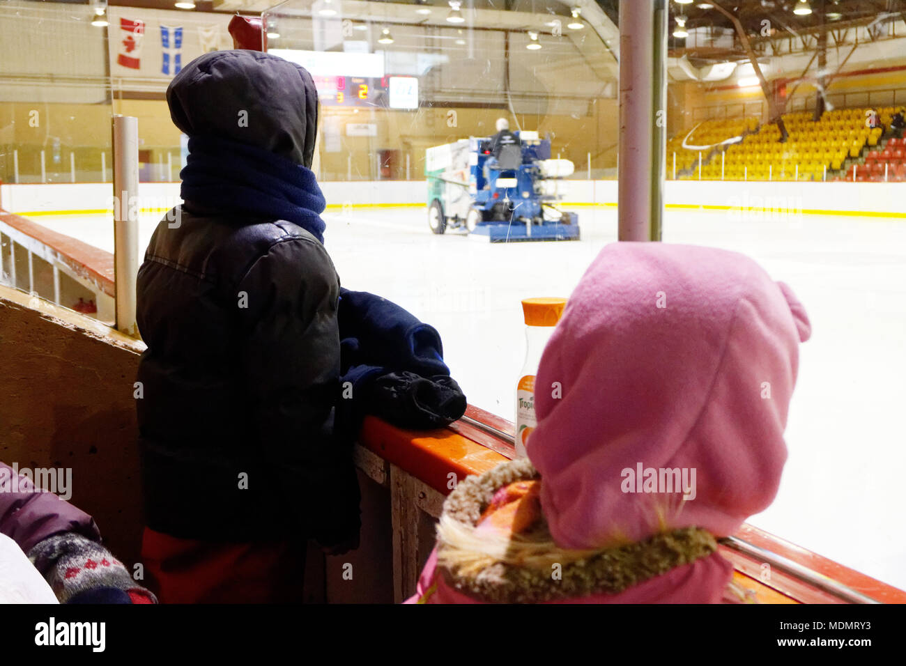 Les enfants regardant un zamboni préparer la glace dans une petite arène de hockey Banque D'Images