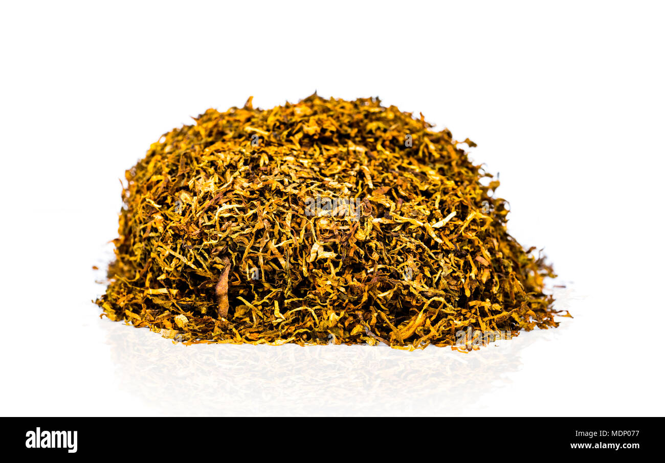 Pile de feuilles de tabac haché séché isolé sur fond blanc avec l'exemplaire de l'espace. Source naturelle de la nicotine. 31 mai : Journée mondiale sans tabac concept. Banque D'Images