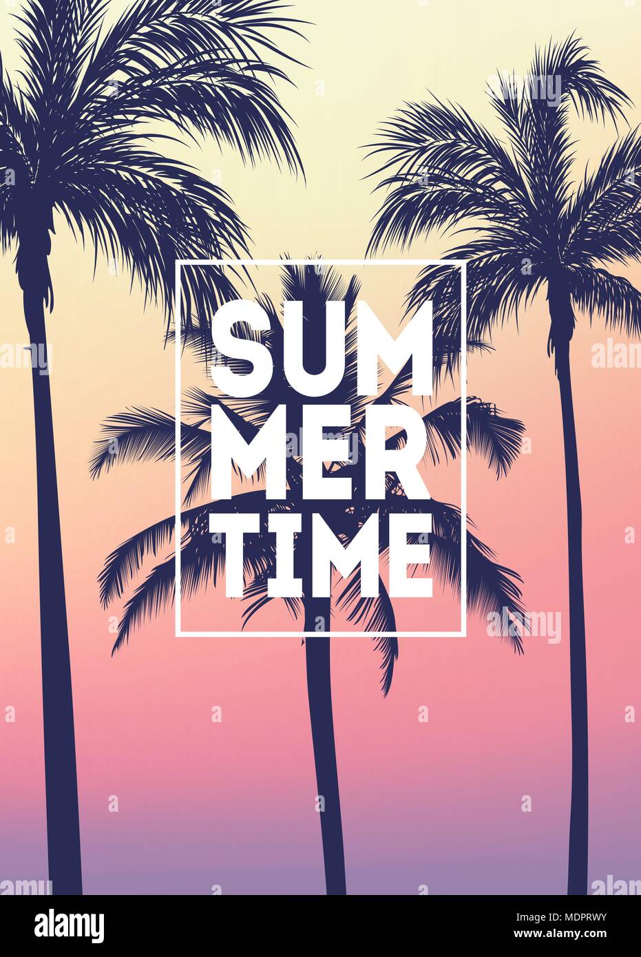 Arrière-plan de palmiers tropicaux d'été, le ciel et le coucher du soleil. Plaque d'été affiche flyer carte d'invitation. L'été. Illustration de Vecteur