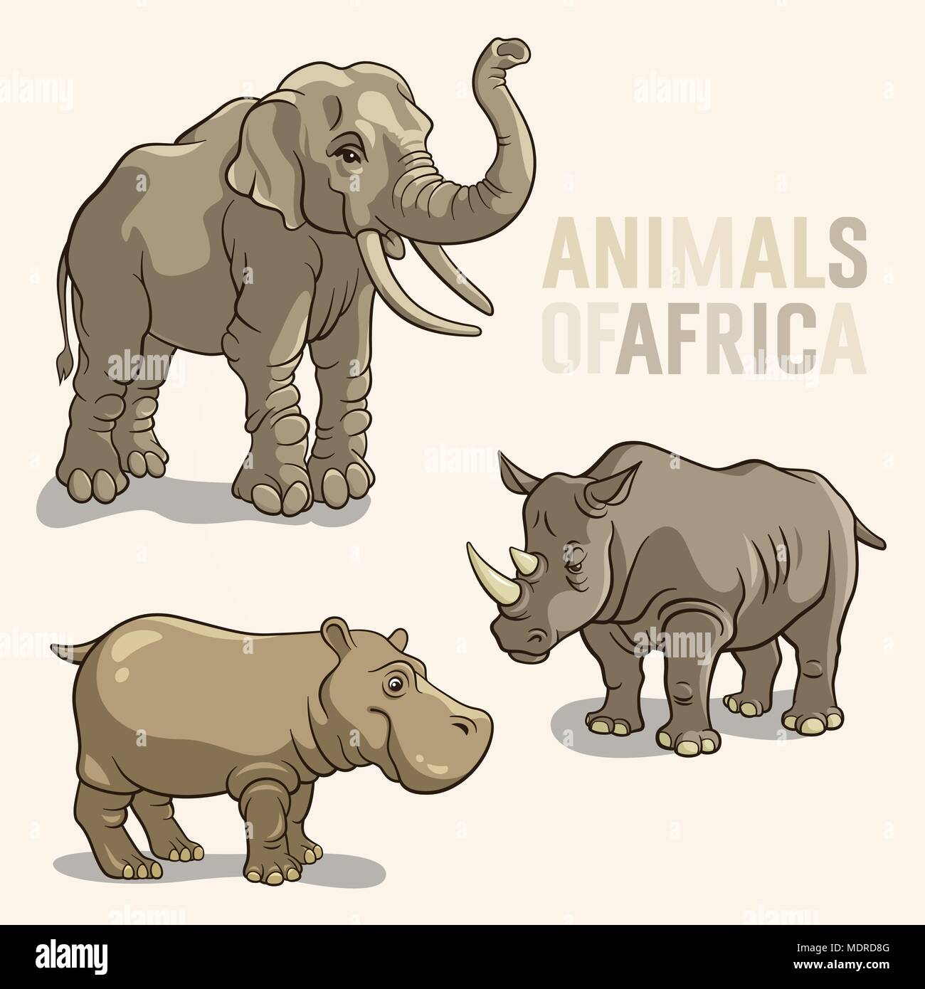 Illustrations vectorielles d'animaux d'Afrique. L'éléphant, le rhinocéros, l'hippopotame Illustration de Vecteur