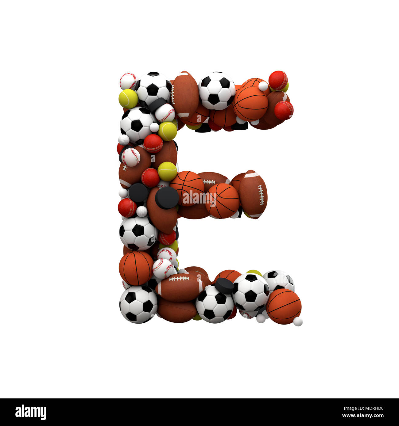 Lettre E. Font fabriqués à partir de ballons de sport. Le Rendu 3D Banque D'Images